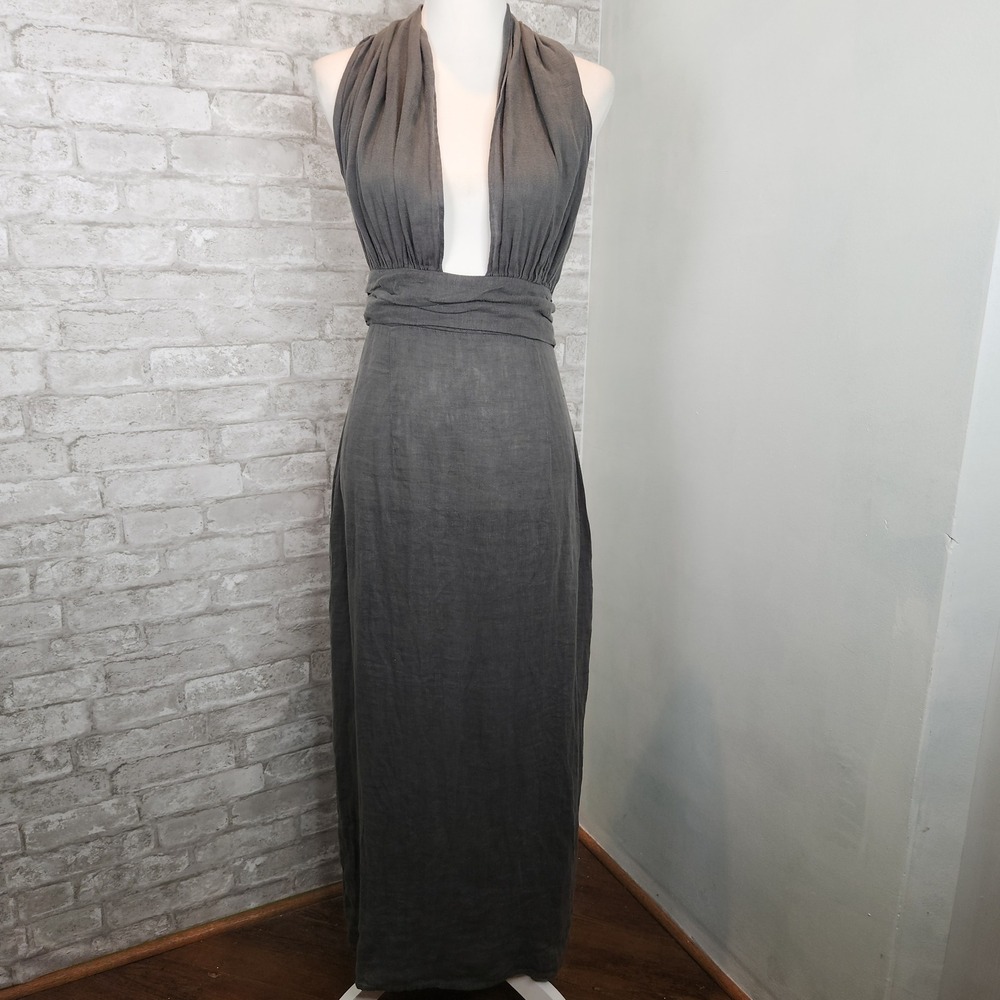 Zara Grey Linen Halter Maxi Dress Tie Back Coastal Minimalist M